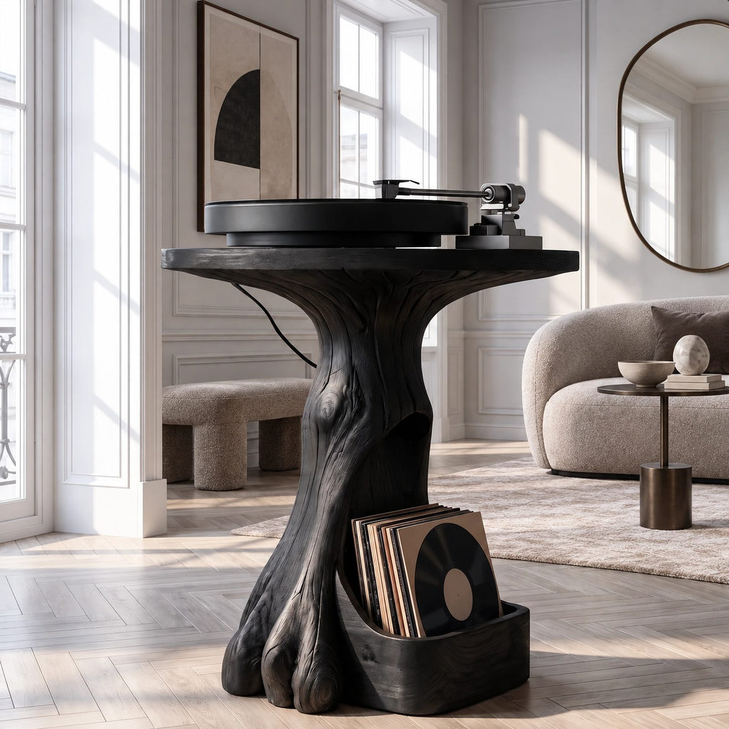 Modern Wood Record Player Stand With Tree Root Base For Living Room