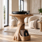 Modern Wood Record Player Stand With Tree Root Base For Living Room