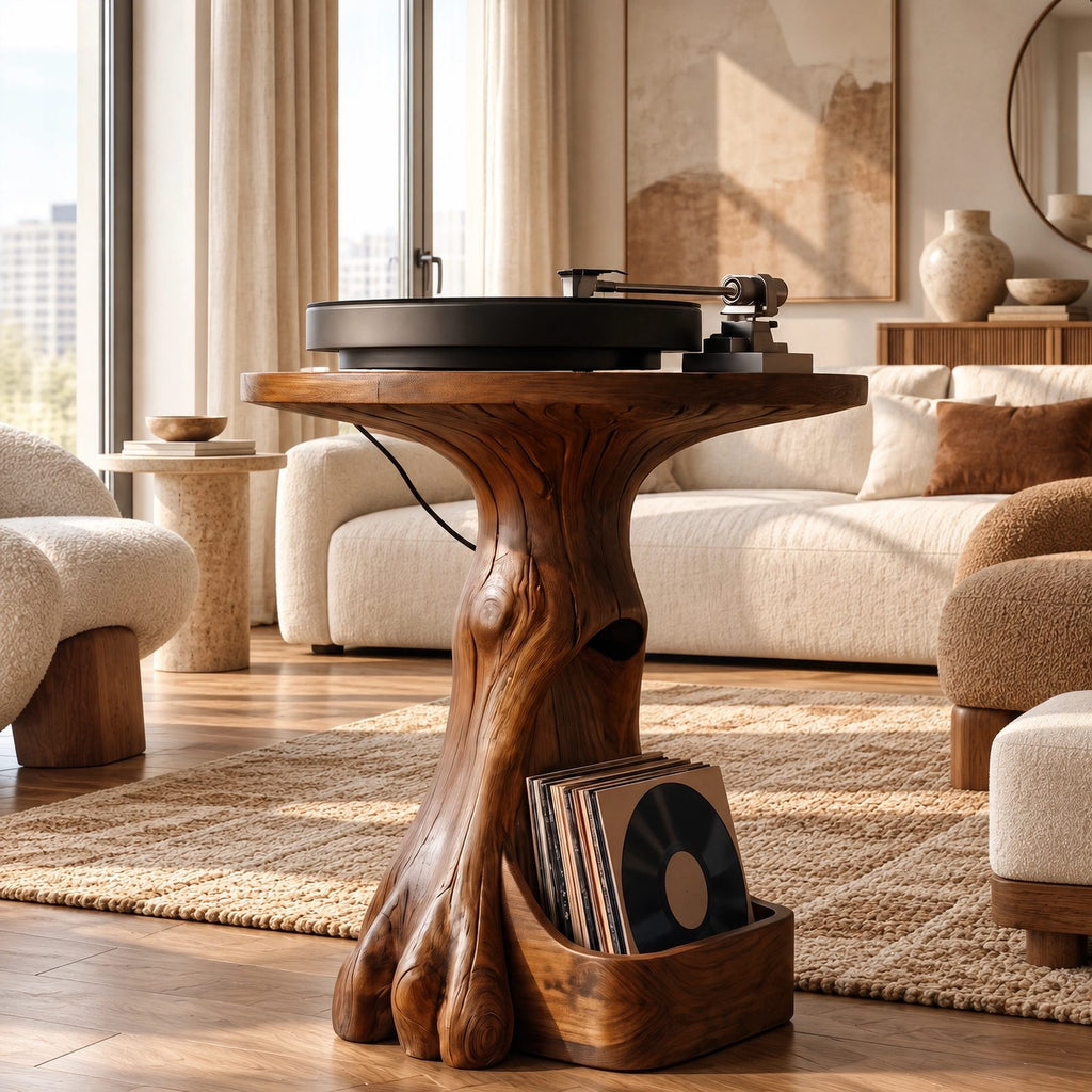 Modern Wood Record Player Stand With Tree Root Base For Living Room