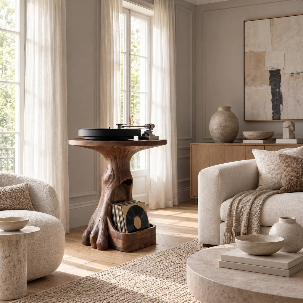Modern Wood Record Player Stand With Tree Root Base For Living Room