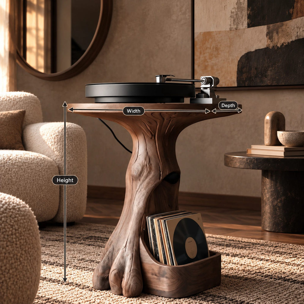 Modern Wood Record Player Stand With Tree Root Base For Living Room