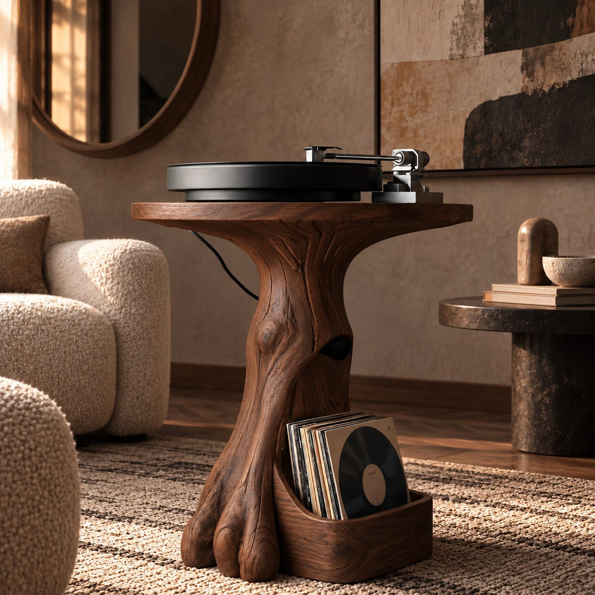 Modern Wood Record Player Stand With Tree Root Base For Living Room