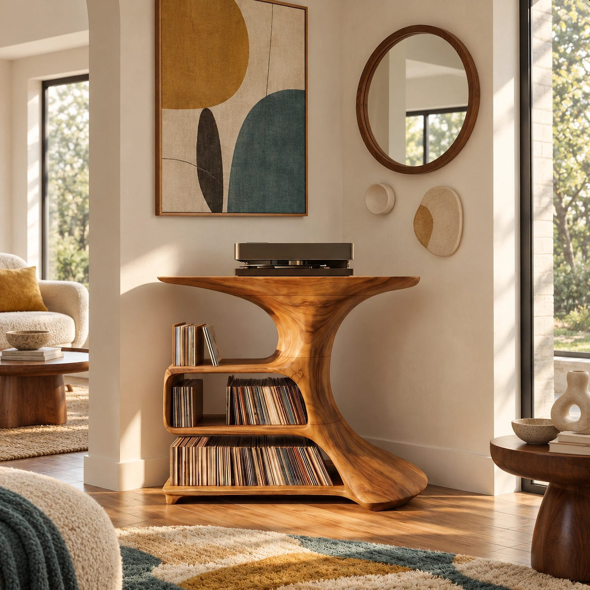 Organic Sculptural Wood Media Console With Open Vinyl Shelves