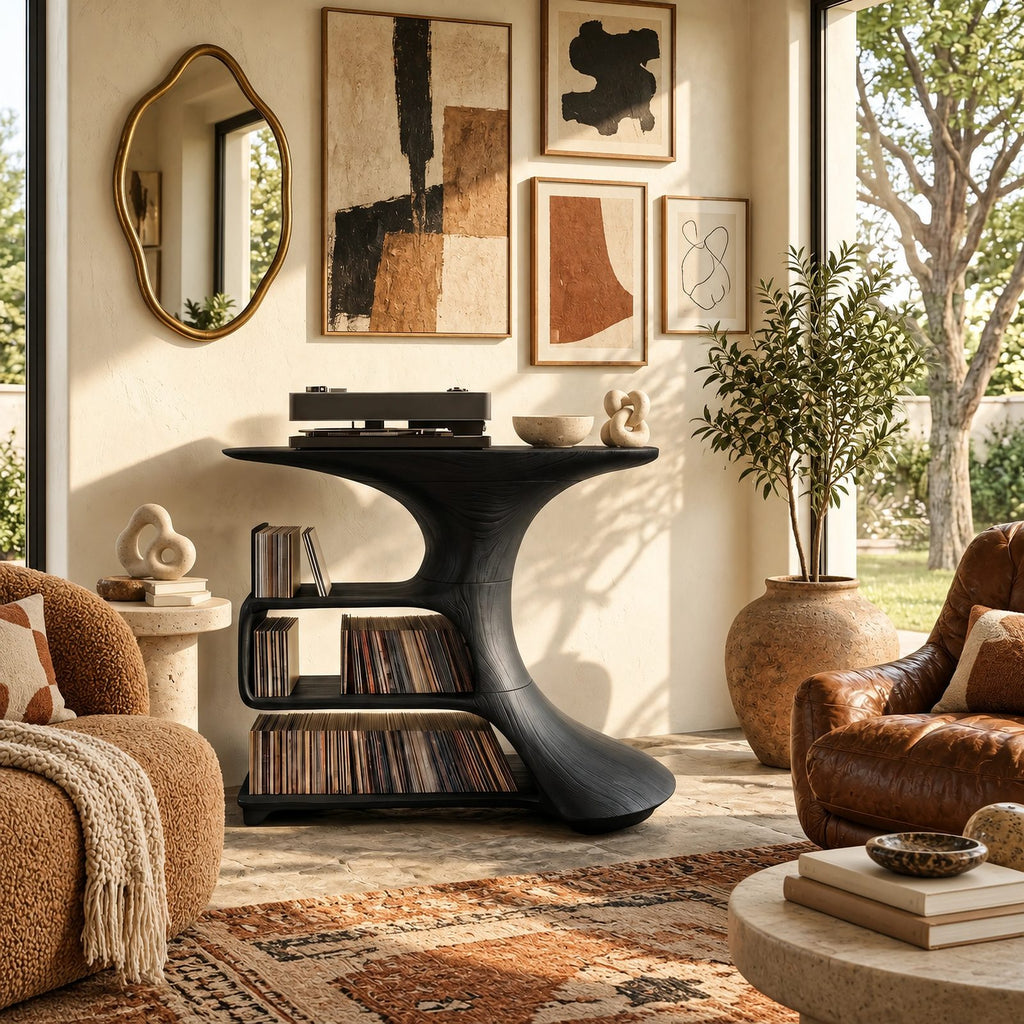 Organic Sculptural Wood Media Console With Open Vinyl Shelves