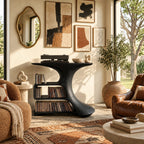 Organic Sculptural Wood Media Console With Open Vinyl Shelves