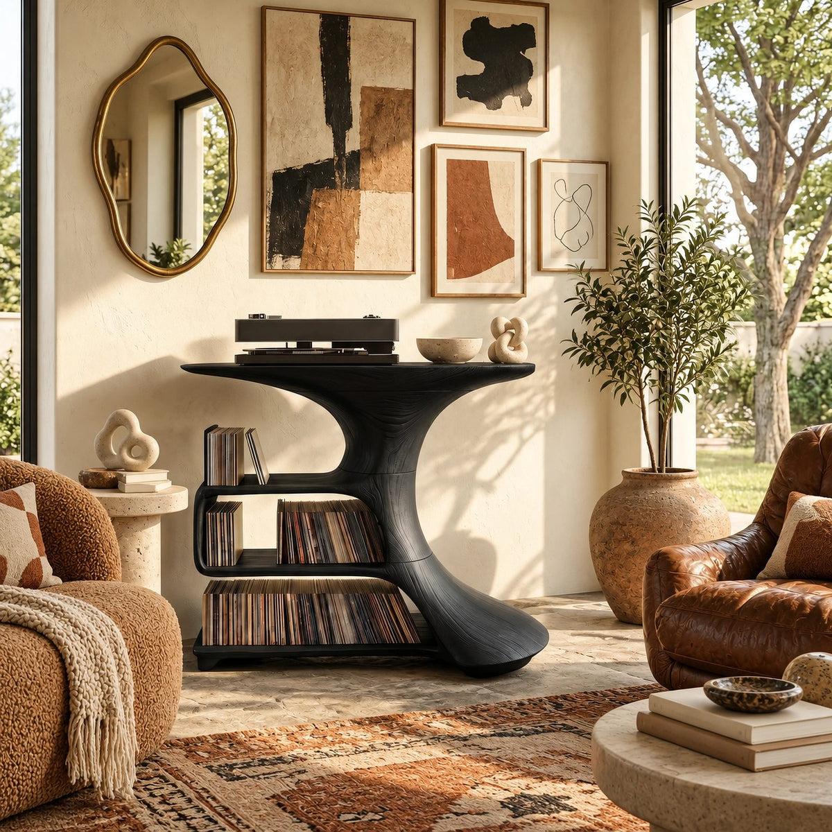 Organic Sculptural Wood Media Console With Open Vinyl Shelves