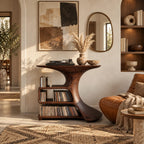 Organic Sculptural Wood Media Console With Open Vinyl Shelves