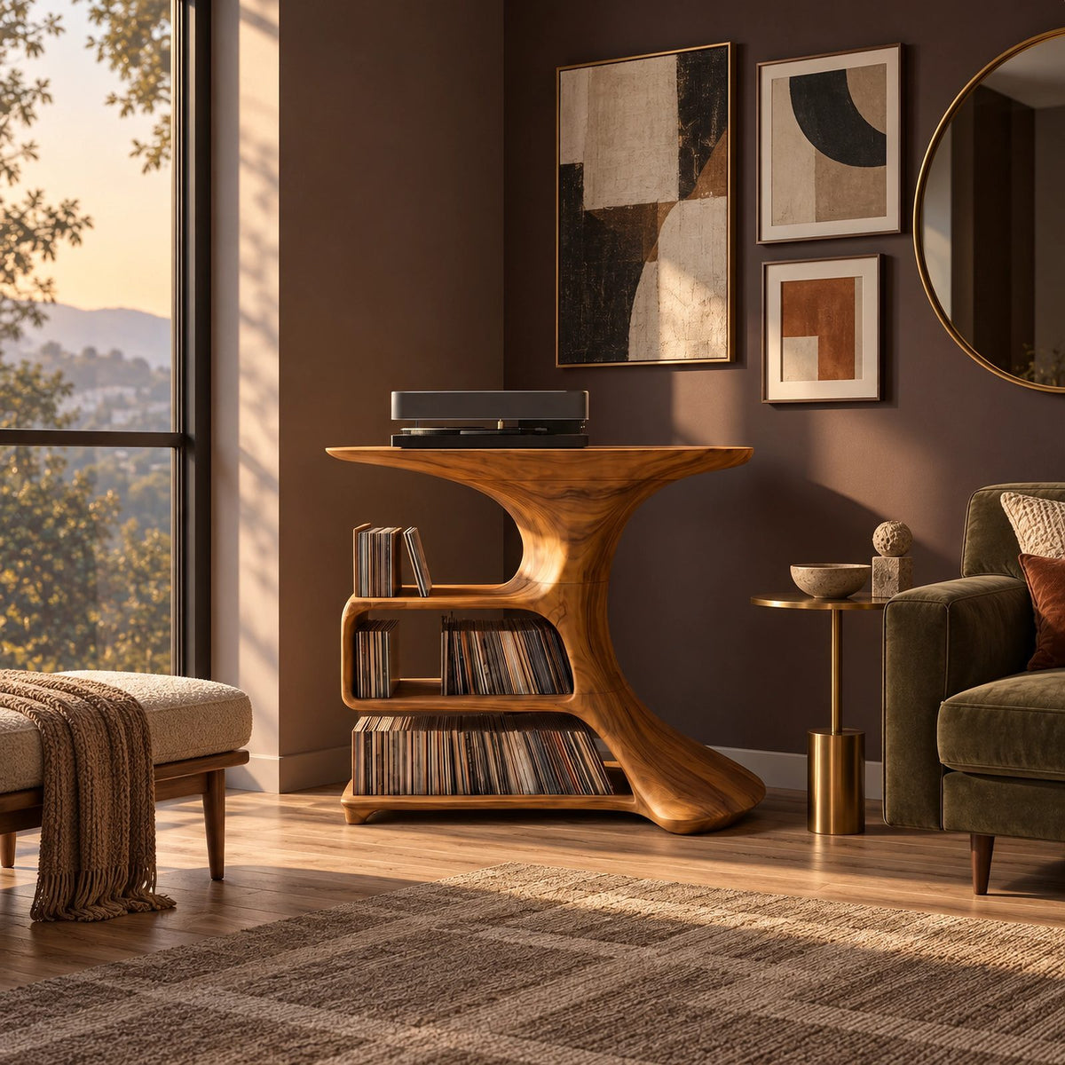 Organic Sculptural Wood Media Console With Open Vinyl Shelves