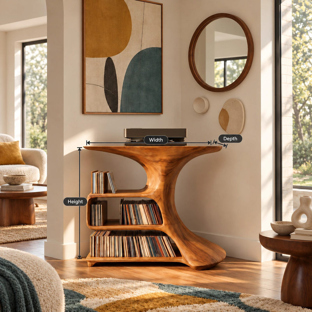 Organic Sculptural Wood Media Console With Open Vinyl Shelves