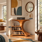 Organic Sculptural Wood Media Console With Open Vinyl Shelves