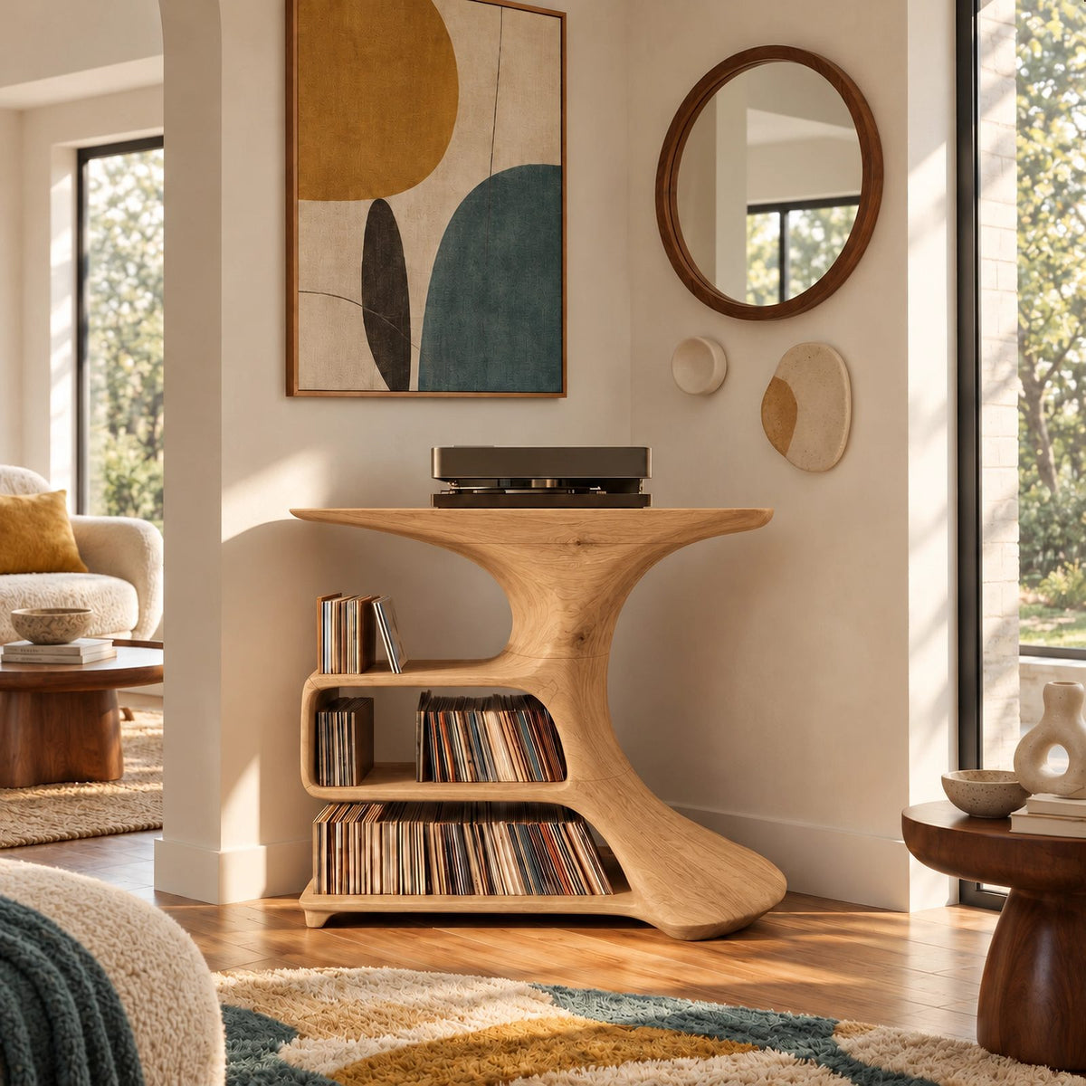 Organic Sculptural Wood Media Console With Open Vinyl Shelves
