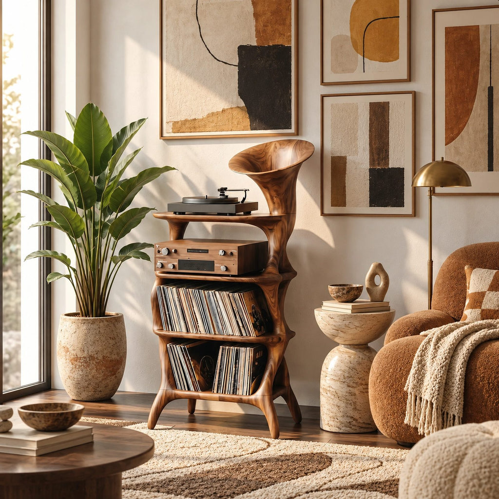 Mid Century Sculptural Wood Vinyl Cabinet With Open Shelves