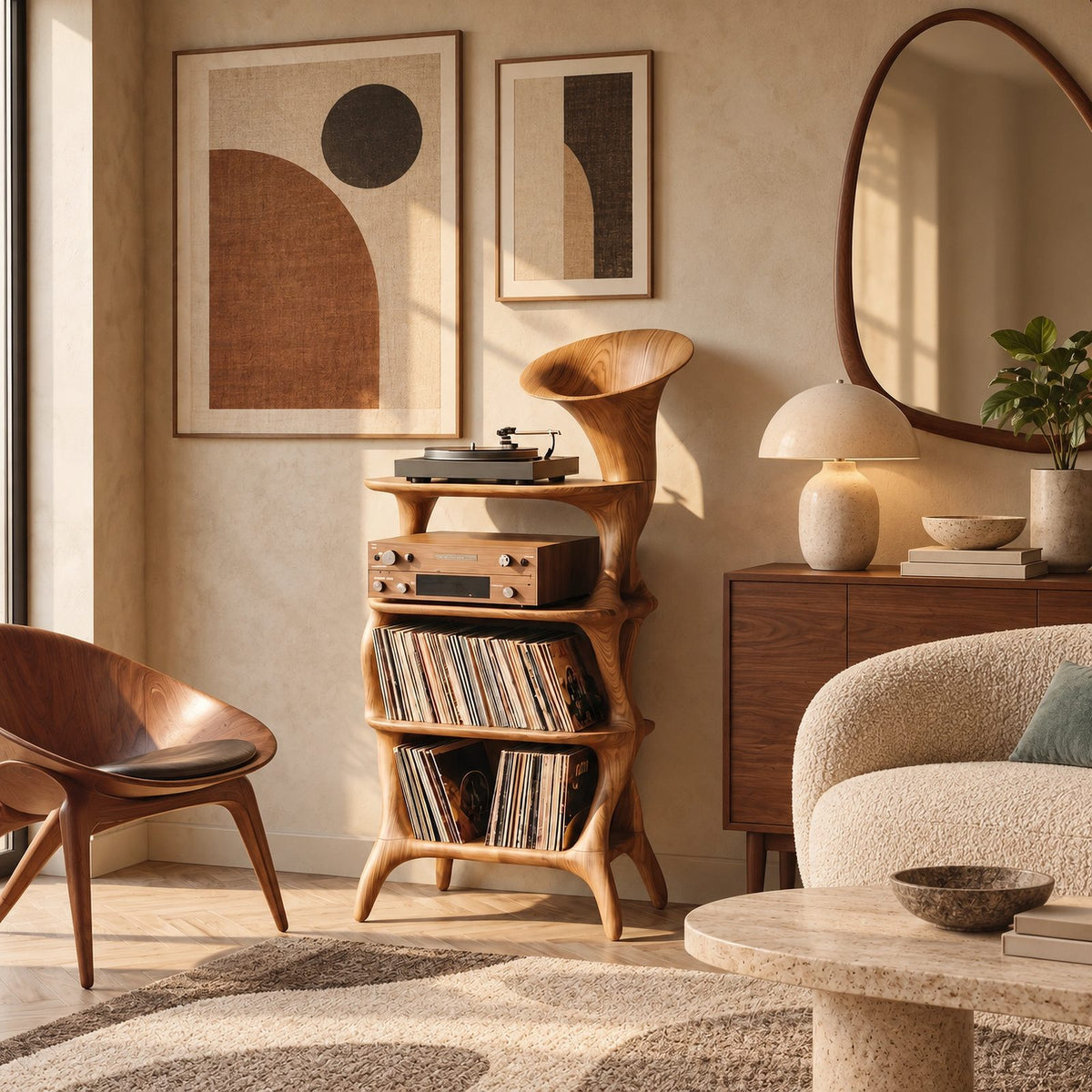 Mid Century Sculptural Wood Vinyl Cabinet With Open Shelves