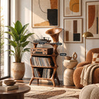 Mid Century Sculptural Wood Vinyl Cabinet With Open Shelves