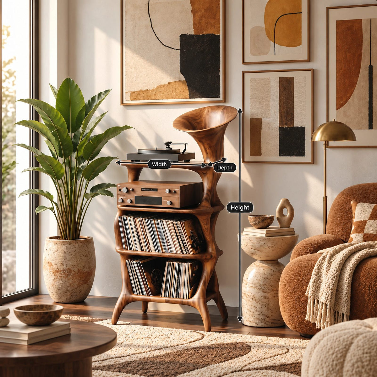 Mid Century Sculptural Wood Vinyl Cabinet With Open Shelves