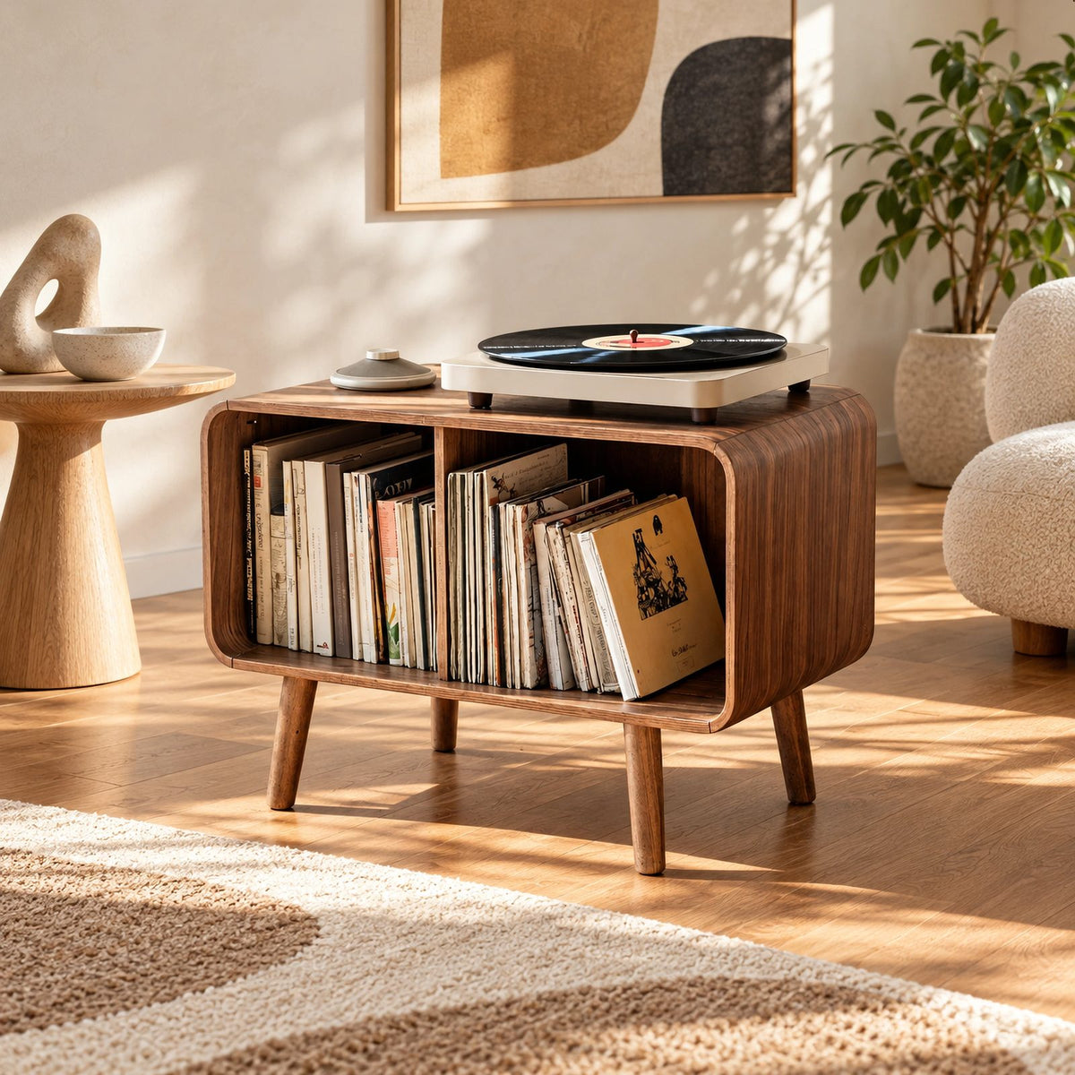 Scandinavian Rounded Wood Record Cabinet With Open Shelf