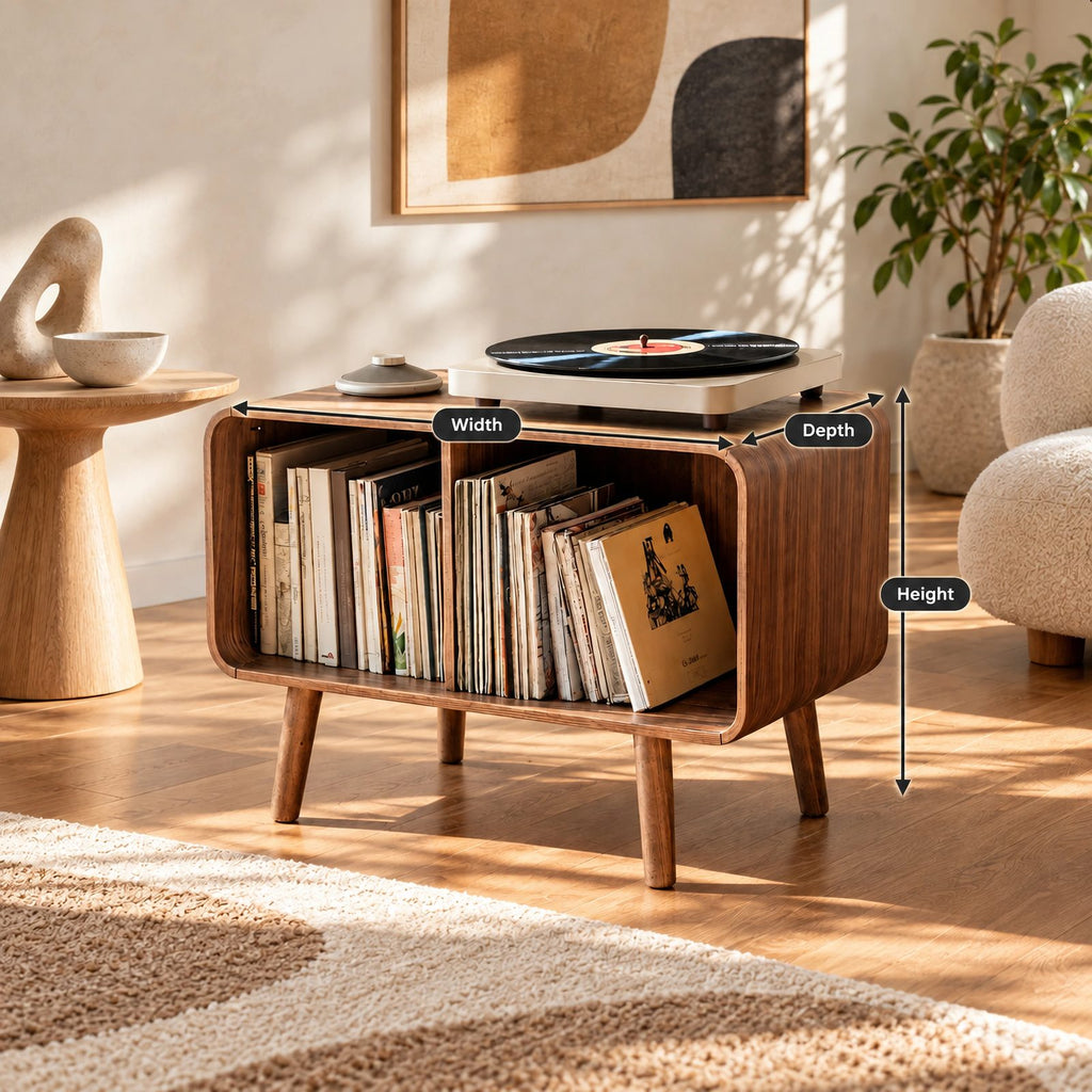 Scandinavian Rounded Wood Record Cabinet With Open Shelf