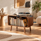 Scandinavian Rounded Wood Record Cabinet With Open Shelf