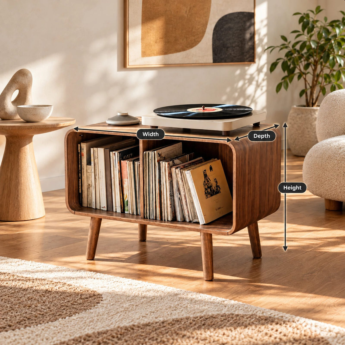 Scandinavian Rounded Wood Record Cabinet With Open Shelf
