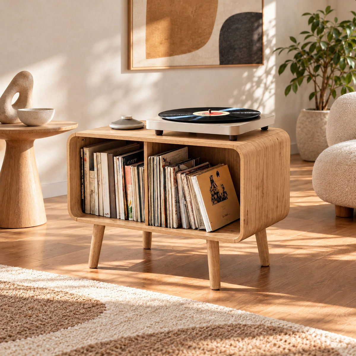 Scandinavian Rounded Wood Record Cabinet With Open Shelf