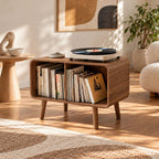 Scandinavian Rounded Wood Record Cabinet With Open Shelf