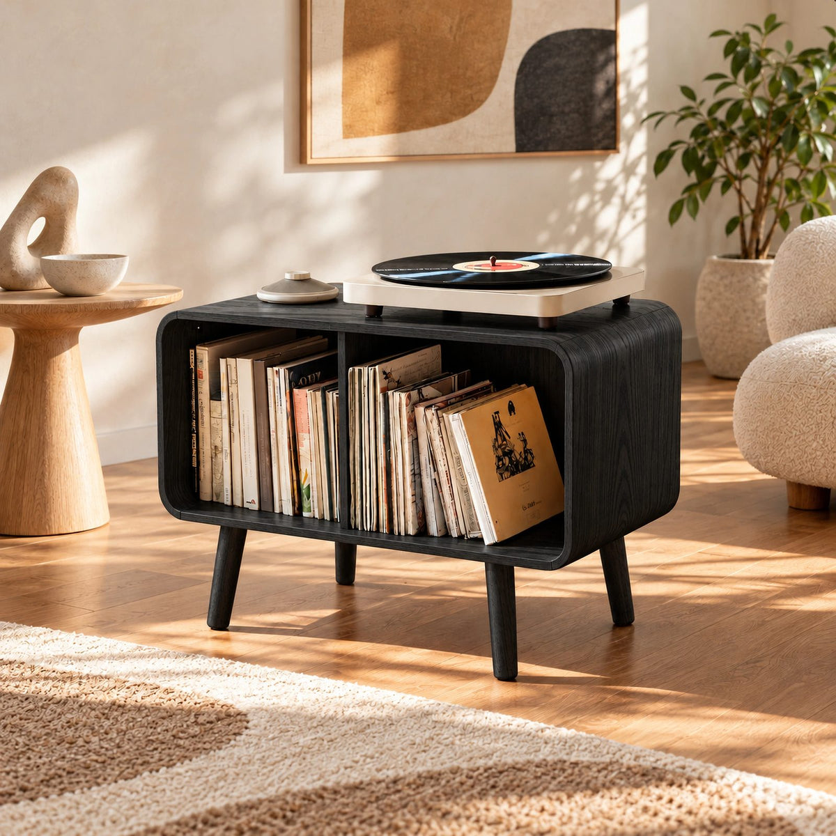 Scandinavian Rounded Wood Record Cabinet With Open Shelf