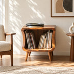 Mid Century Rounded Wood Record Cabinet With Open Shelf