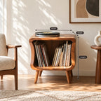 Mid Century Rounded Wood Record Cabinet With Open Shelf