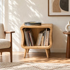 Mid Century Rounded Wood Record Cabinet With Open Shelf