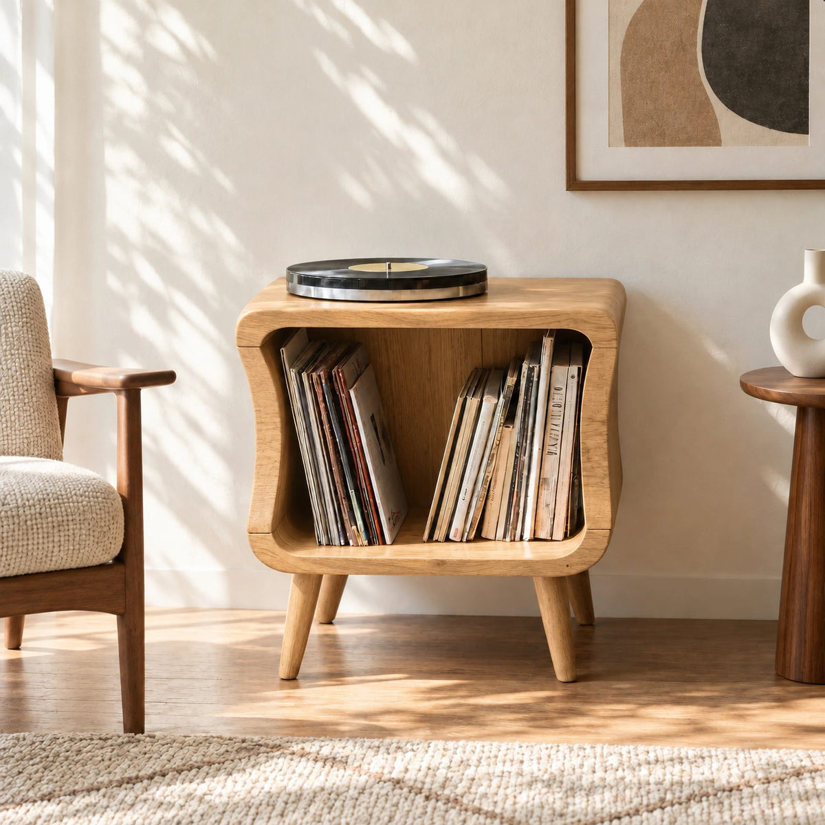 Mid Century Rounded Wood Record Cabinet With Open Shelf