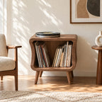 Mid Century Rounded Wood Record Cabinet With Open Shelf