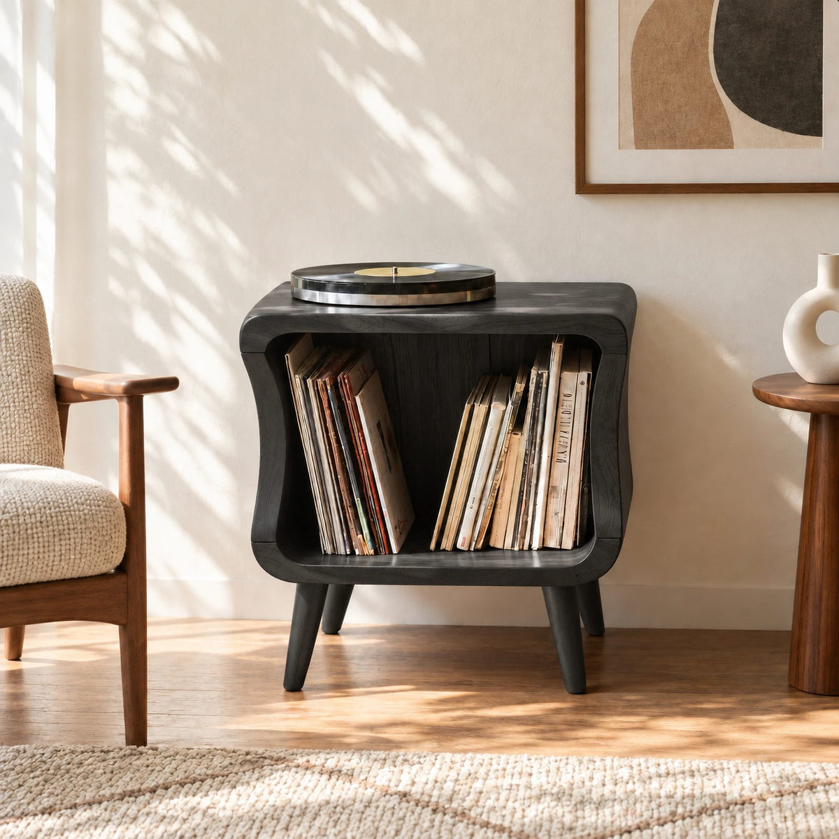 Mid Century Rounded Wood Record Cabinet With Open Shelf