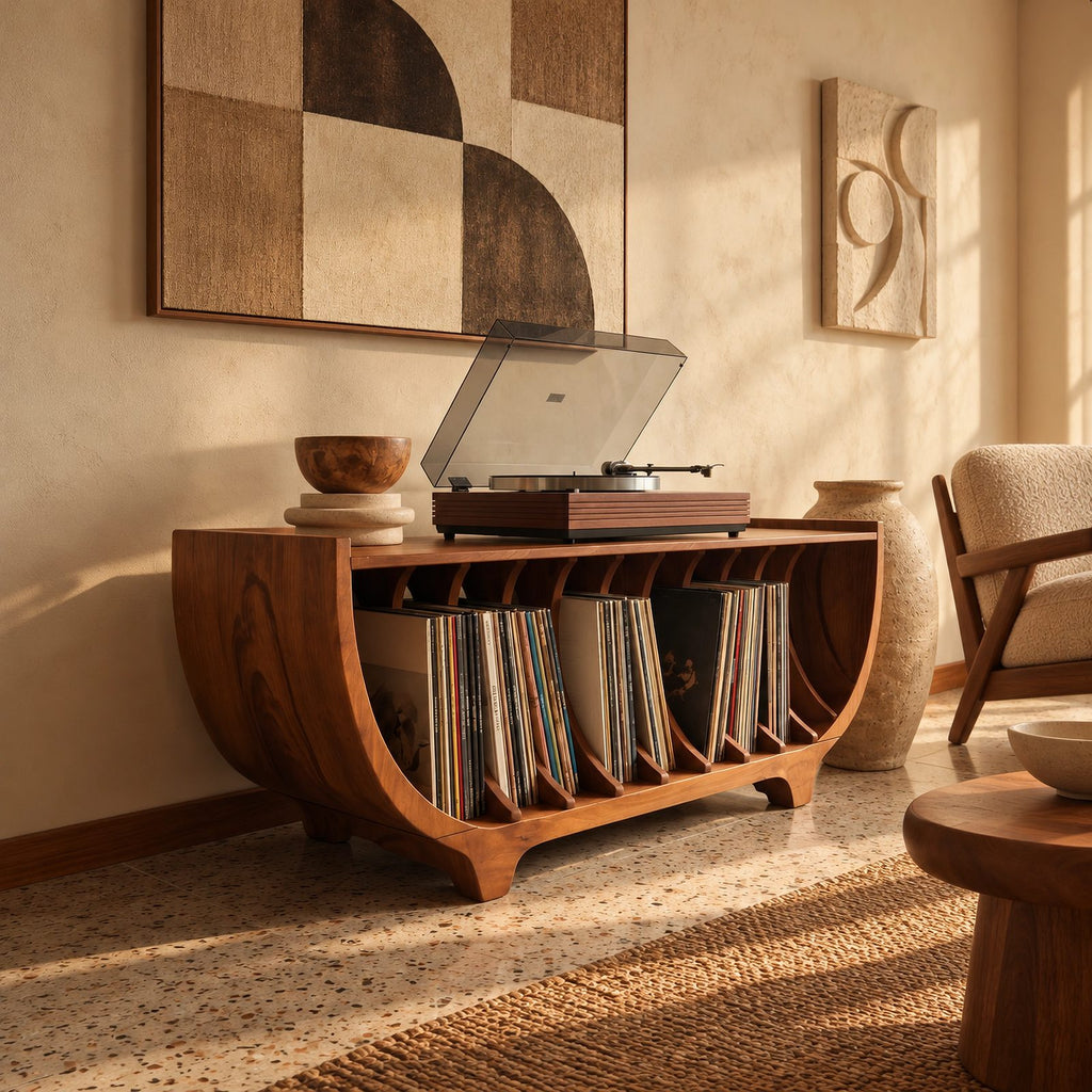 Contemporary Curved Wood Vinyl Record Stand With Divided Slots