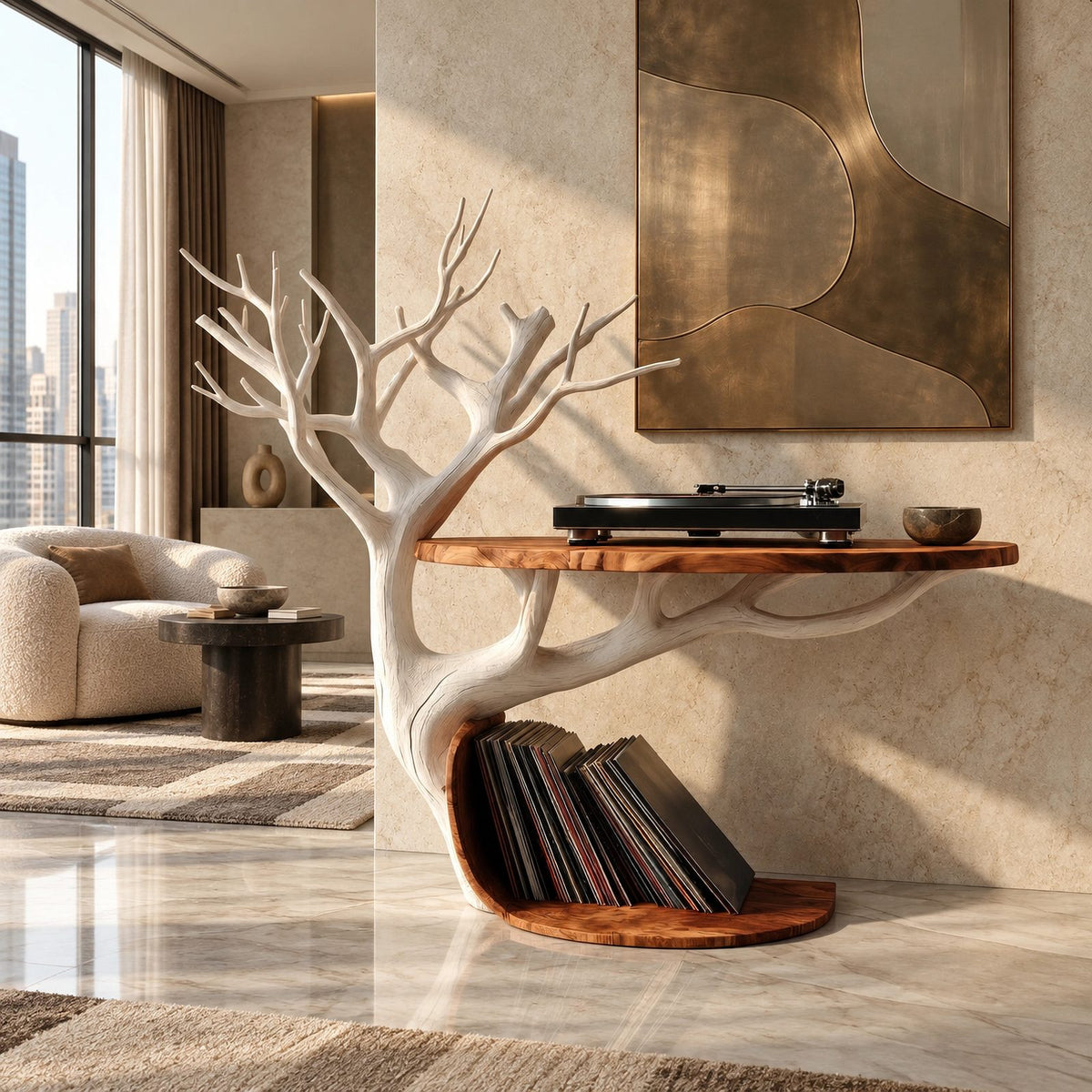 Organic Tree Branch Wood Record Player Stand With Round Top