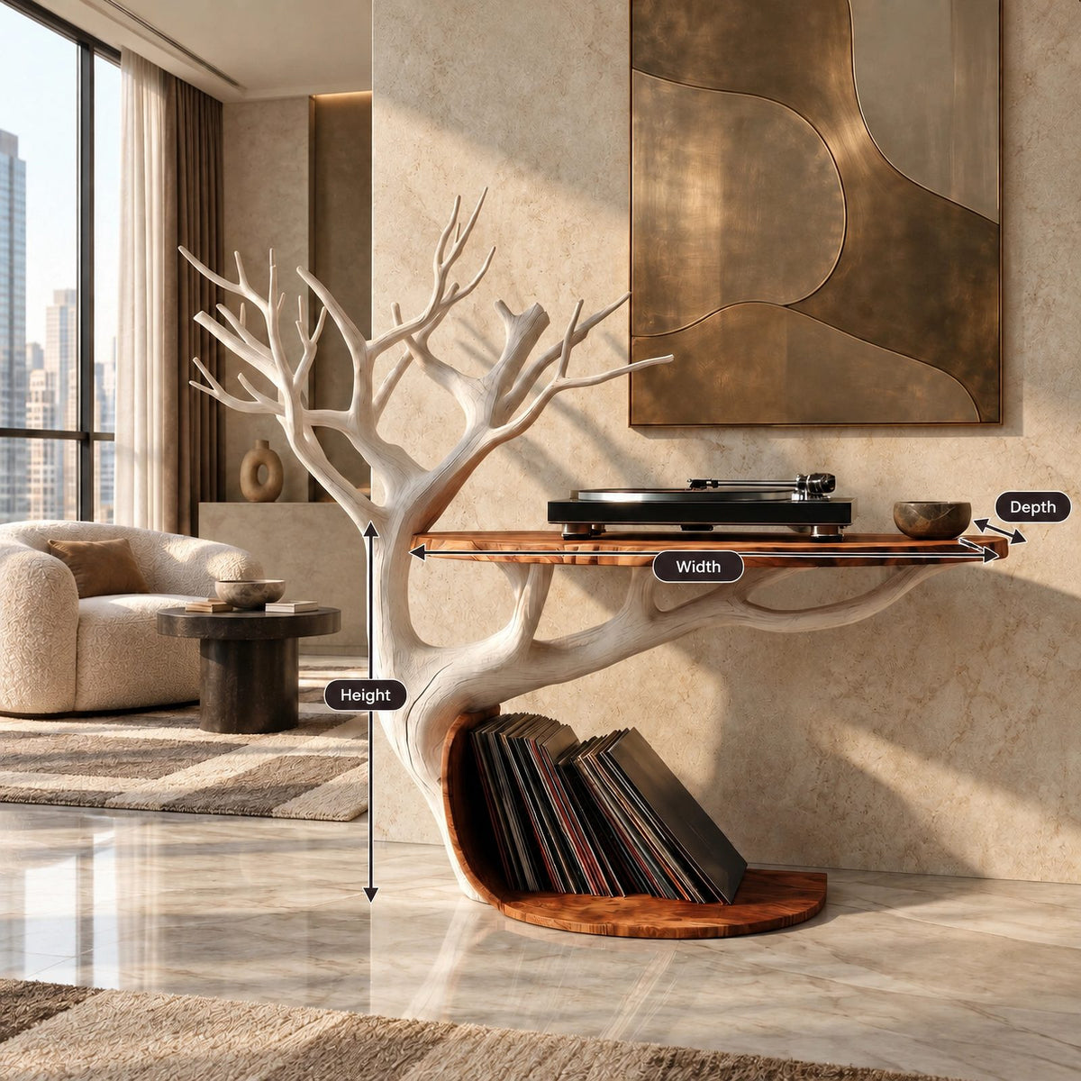Organic Tree Branch Wood Record Player Stand With Round Top