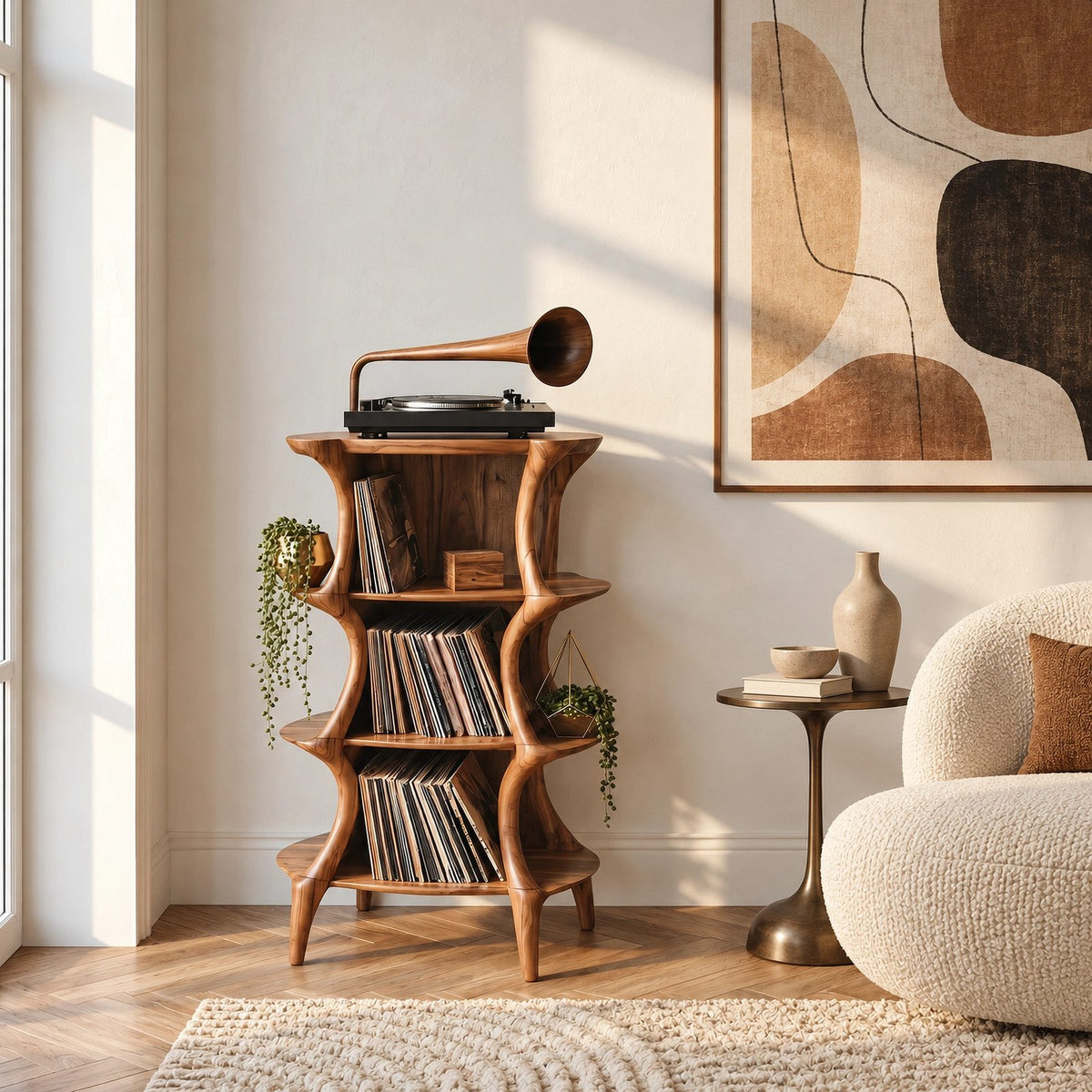 Farmhouse Sculptural Wood Record Stand With Tiered Shelves