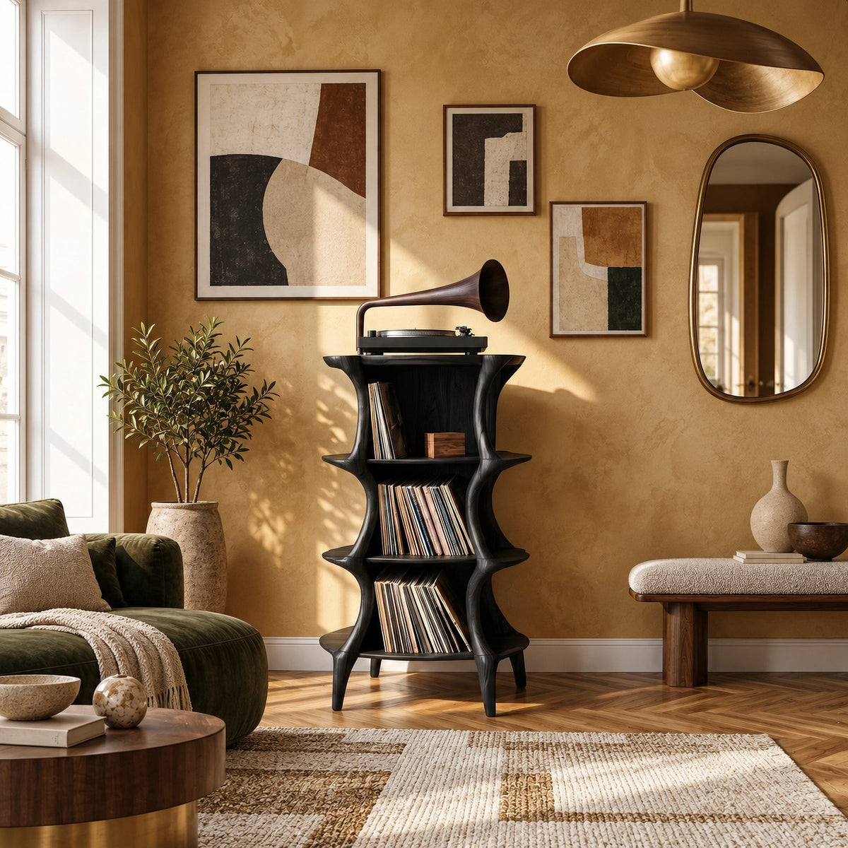 Farmhouse Sculptural Wood Record Stand With Tiered Shelves