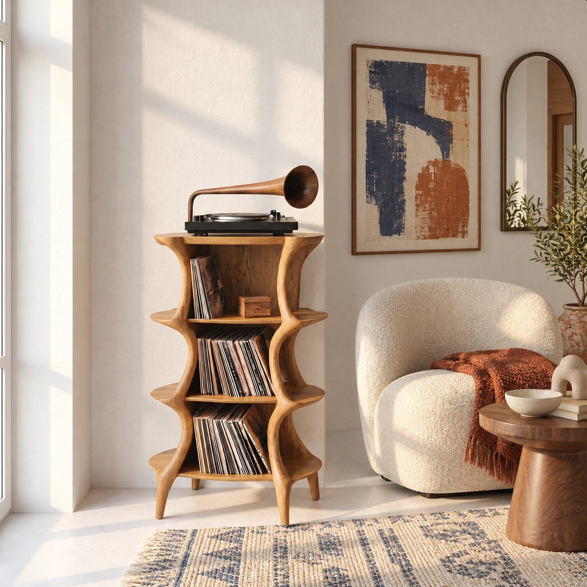 Farmhouse Sculptural Wood Record Stand With Tiered Shelves