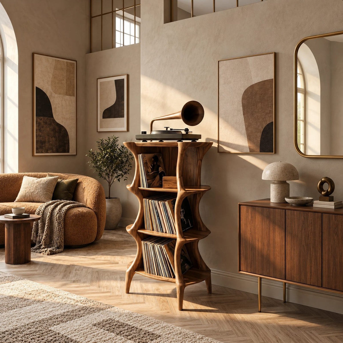 Farmhouse Sculptural Wood Record Stand With Tiered Shelves