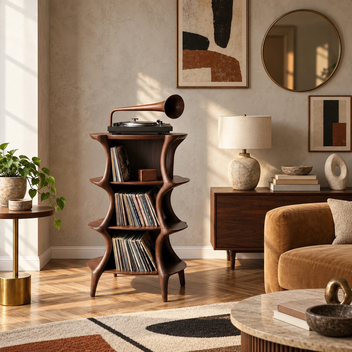 Farmhouse Sculptural Wood Record Stand With Tiered Shelves