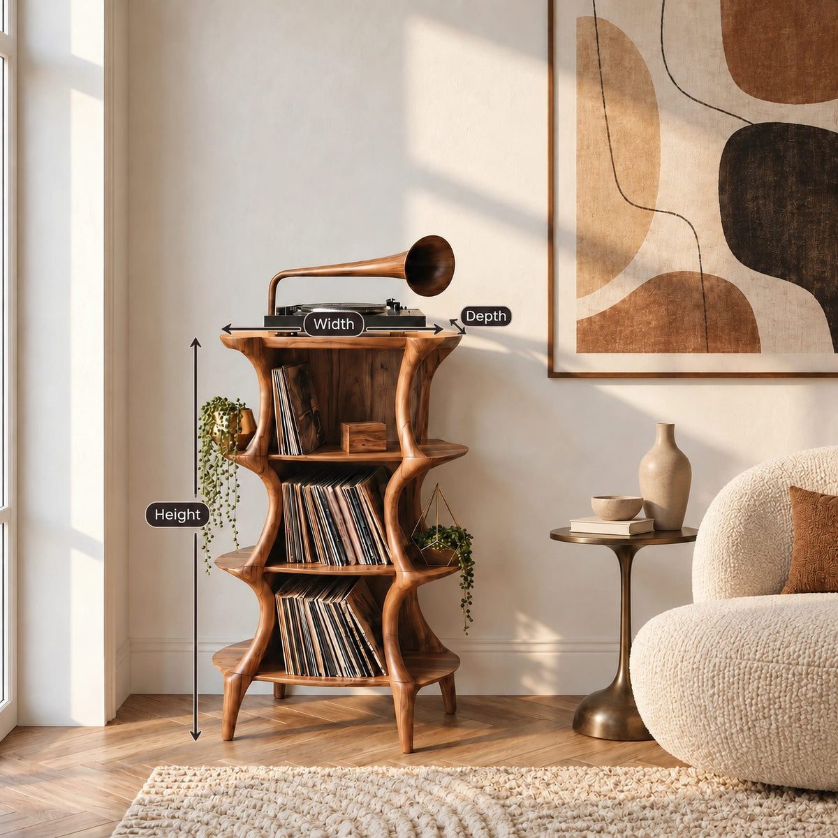 Farmhouse Sculptural Wood Record Stand With Tiered Shelves