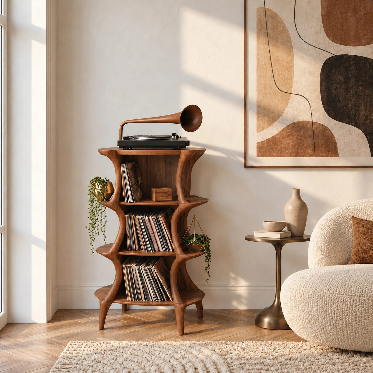 Farmhouse Sculptural Wood Record Stand With Tiered Shelves