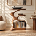 Rustic Curved Wood Record Stand With Open Shelves For Entryway