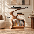 Rustic Curved Wood Record Stand With Open Shelves For Entryway