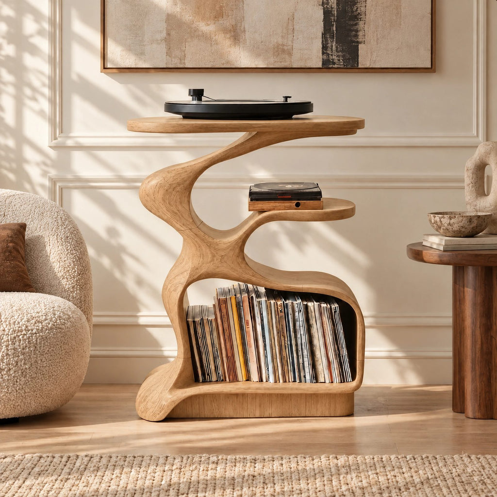 Rustic Curved Wood Record Stand With Open Shelves For Entryway