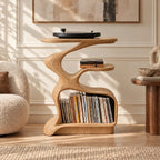 Rustic Curved Wood Record Stand With Open Shelves For Entryway