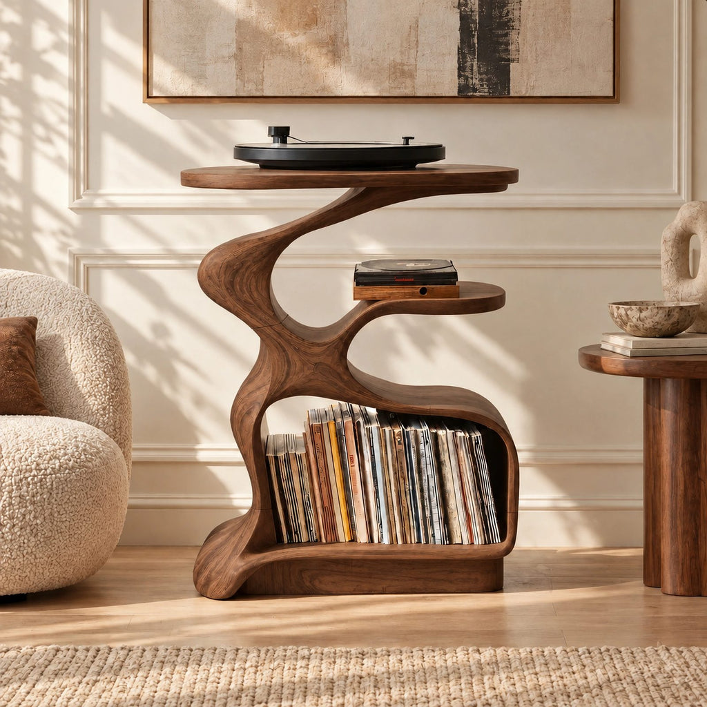 Rustic Curved Wood Record Stand With Open Shelves For Entryway