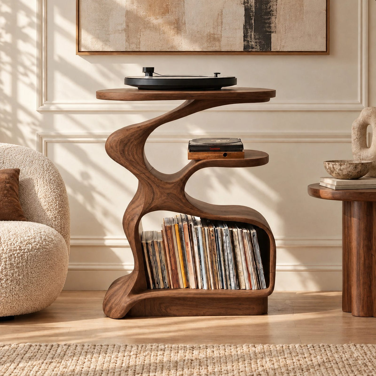 Rustic Curved Wood Record Stand With Open Shelves For Entryway