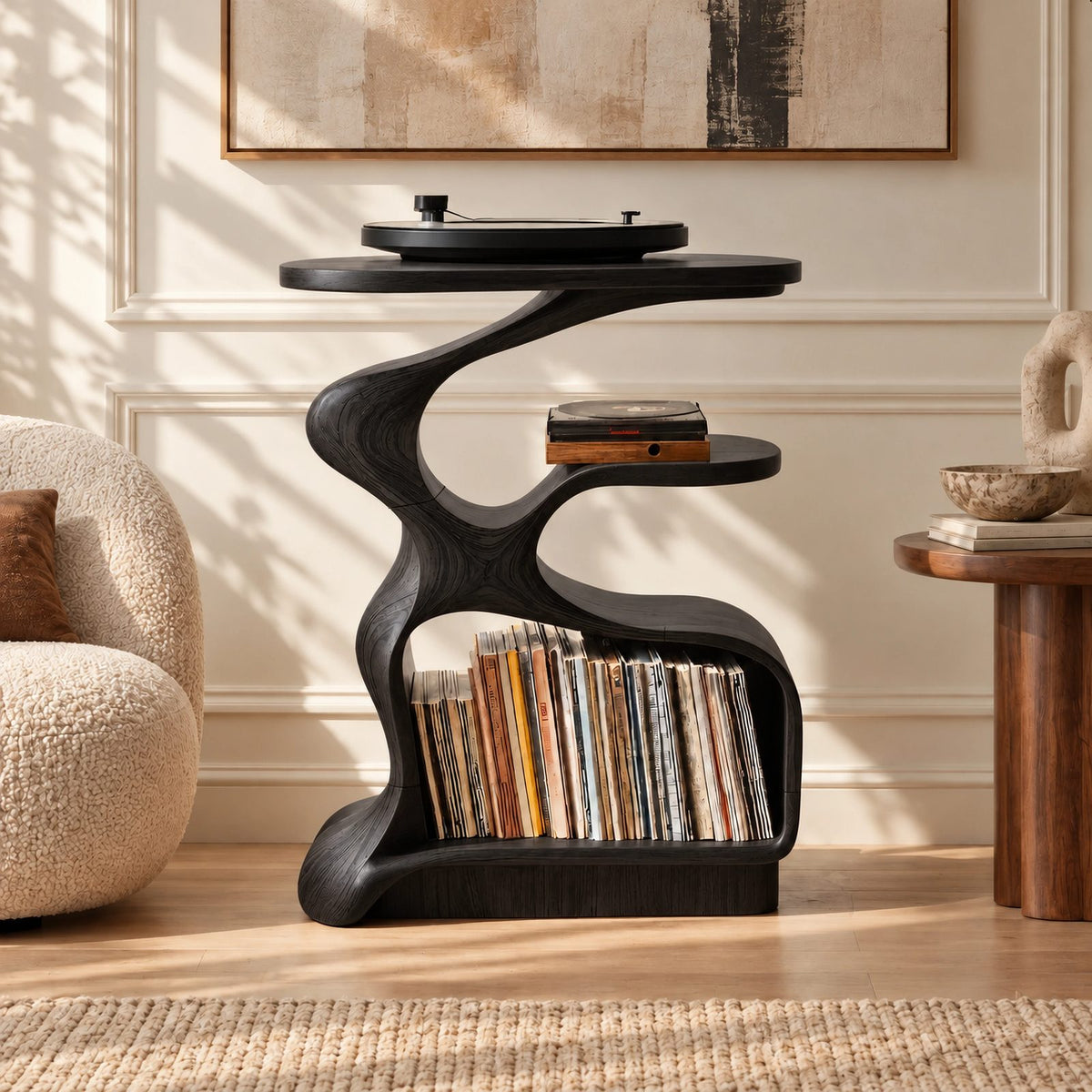 Rustic Curved Wood Record Stand With Open Shelves For Entryway