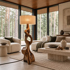 Sculptural Twisted Wood Floor Lamp With Fabric Shade For Living Room